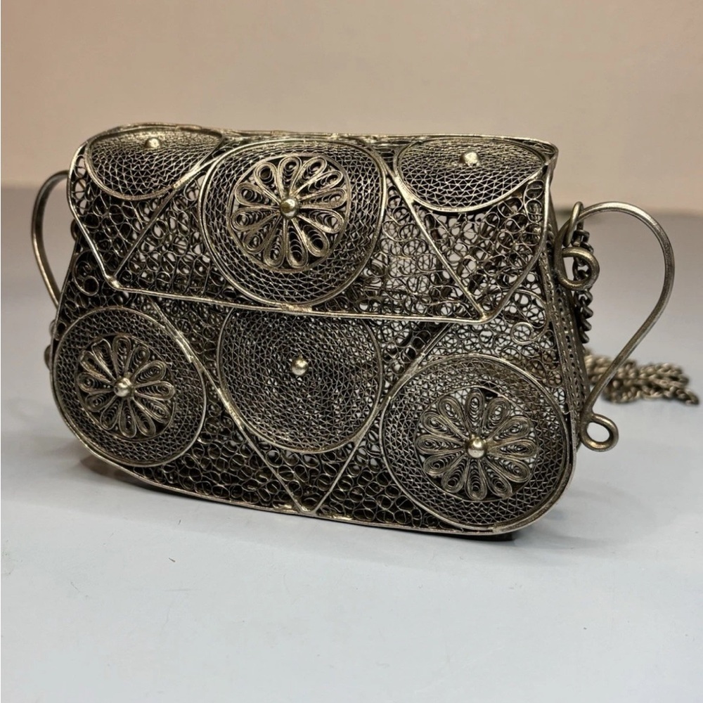 Vintage Antique Silver Metal Filigree Purse handmade wirework boho victorian